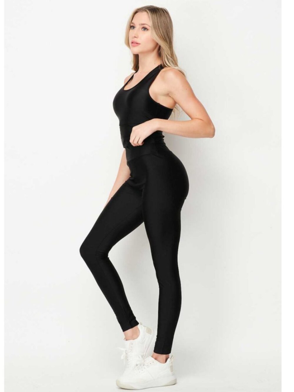 New Fashion Shiny Black Active Tank Top & Leggings Set